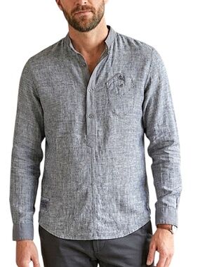 La Redoute France pure linen blue long sleeve henley old money shirt 15.5